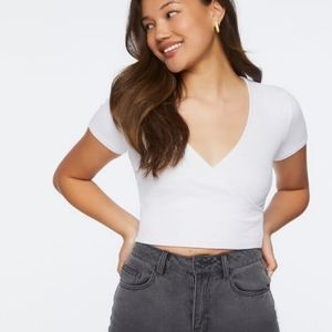 NWT White Surplice Wrap Ribbed Knit Cap Sleeves V Neck Crop Top